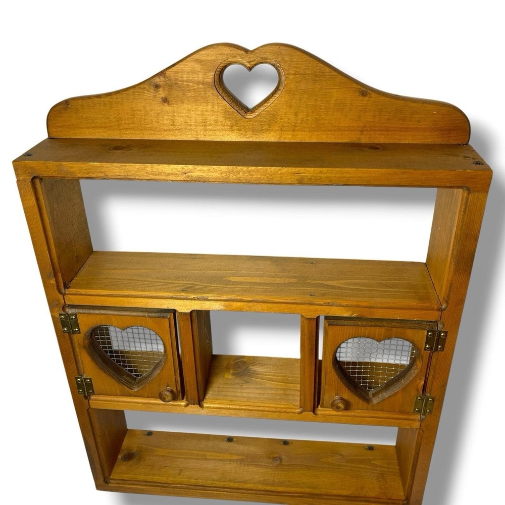Cottagecore Rustic Primitive Wooden Heart Wall Cabinet Shelf Chicken Wire Doors - Picture 3 of 16